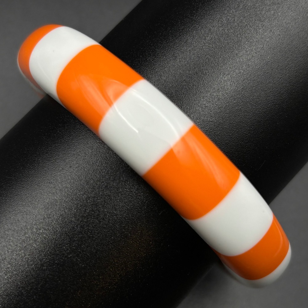 Vintage Bangle Bracelet Orange White Striped Chunky Resin Size 8